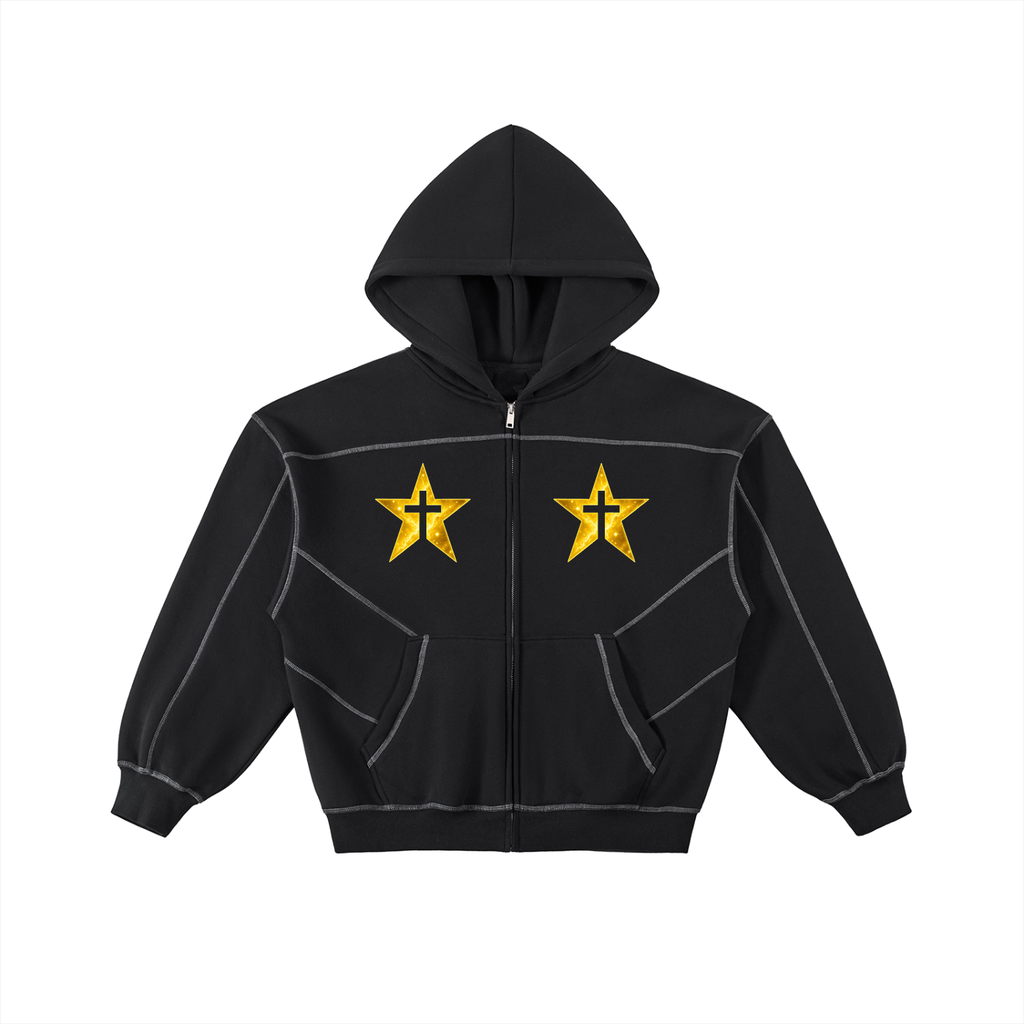 Black & Yellow Boxy Fleece Zip Hoodie
