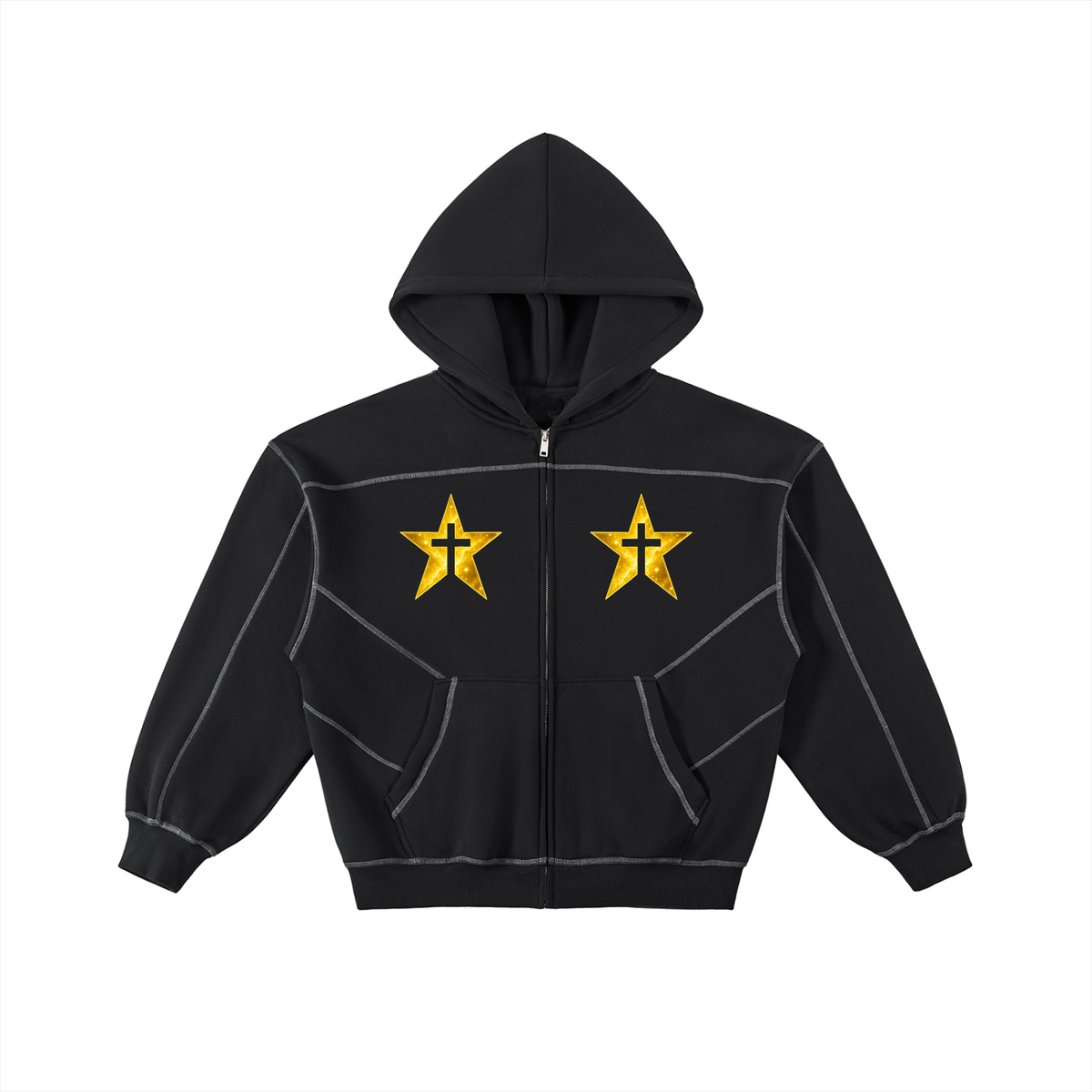Black & Yellow Boxy Fleece Zip Hoodie